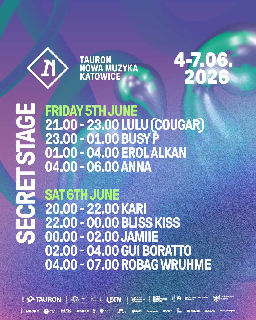 TNMK 2026 – Secret Stage timetable – rozkład jazdy piątek/sobota (4:5)